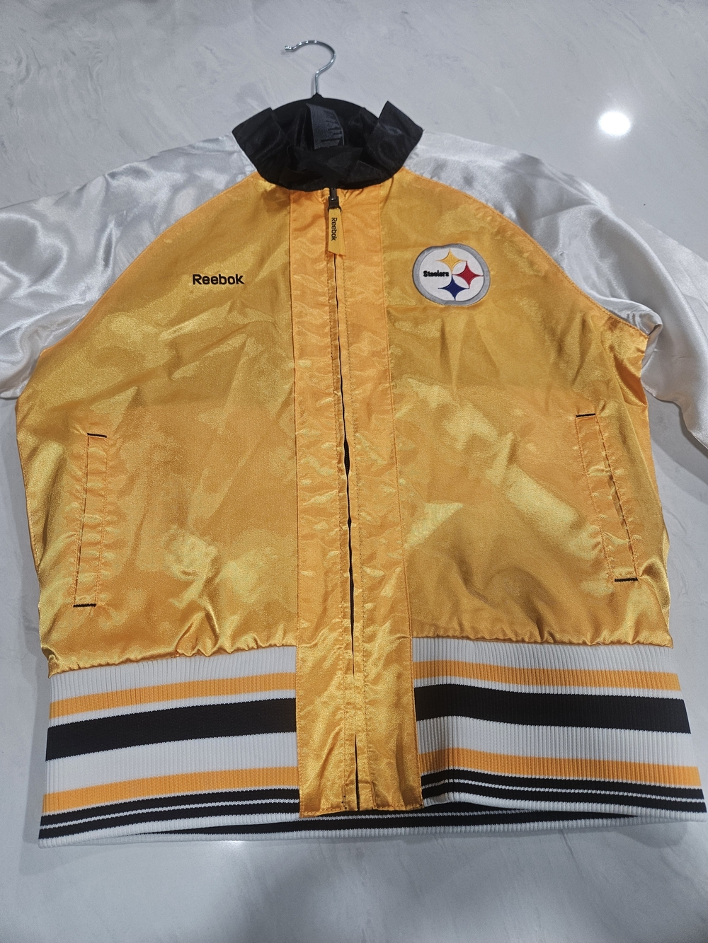 Reebok Men's Yellow and White Satin Bomber Jacket - Steelers Patch